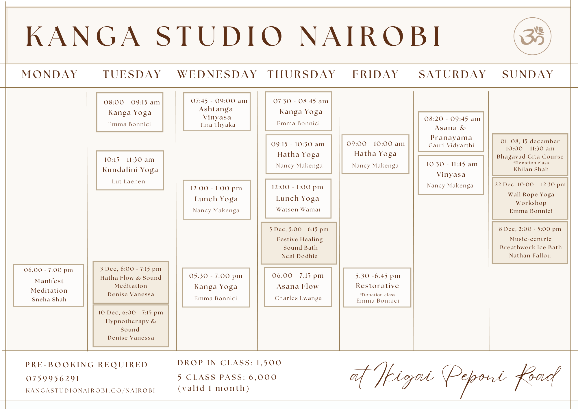 Kanga studio Timetable