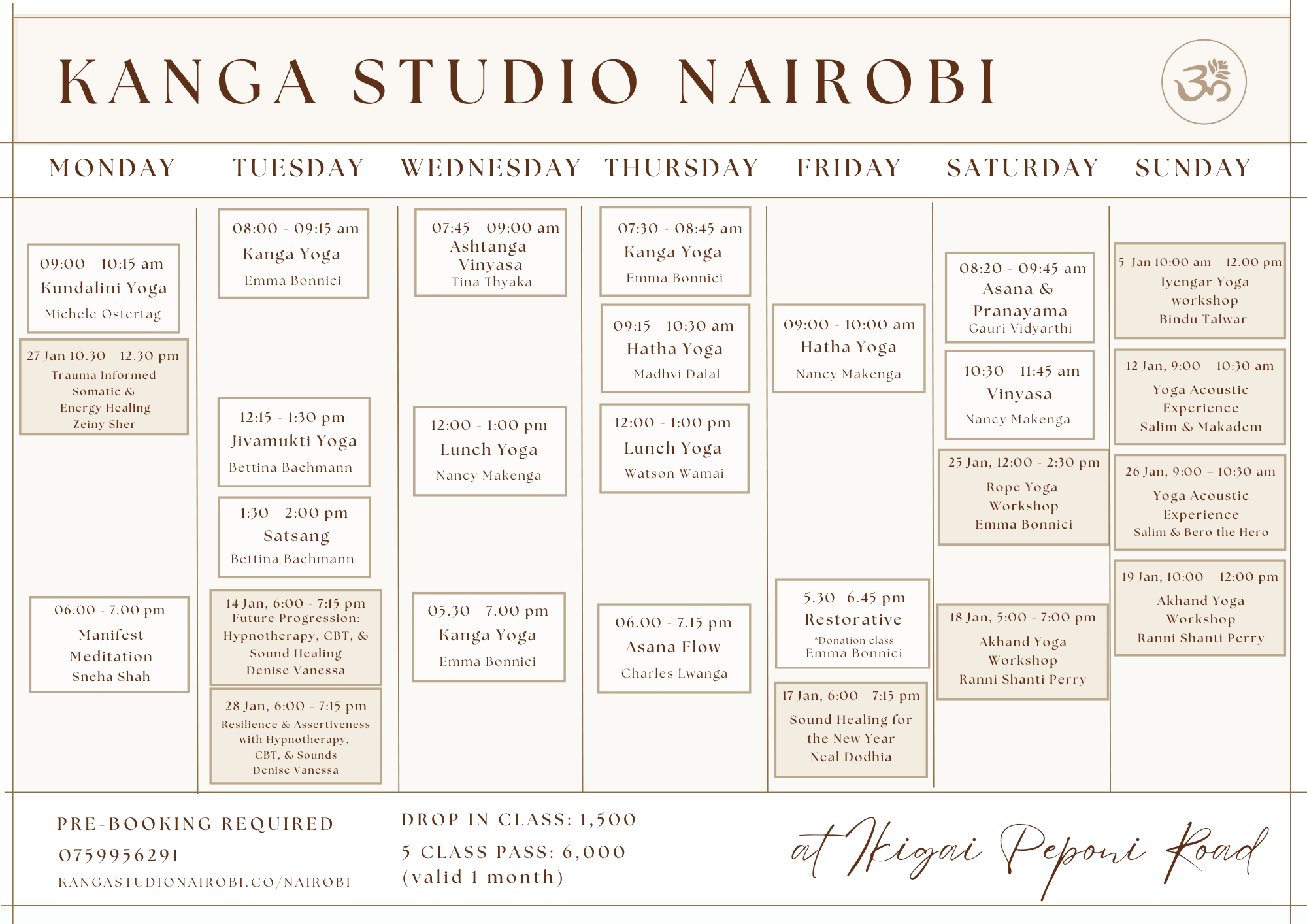 Kanga studio Timetable